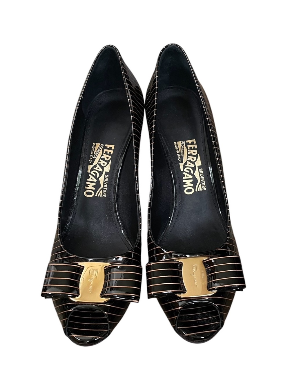 Salvatore Ferragamo Black Patent Vara Striped Bow Pumps 7.5